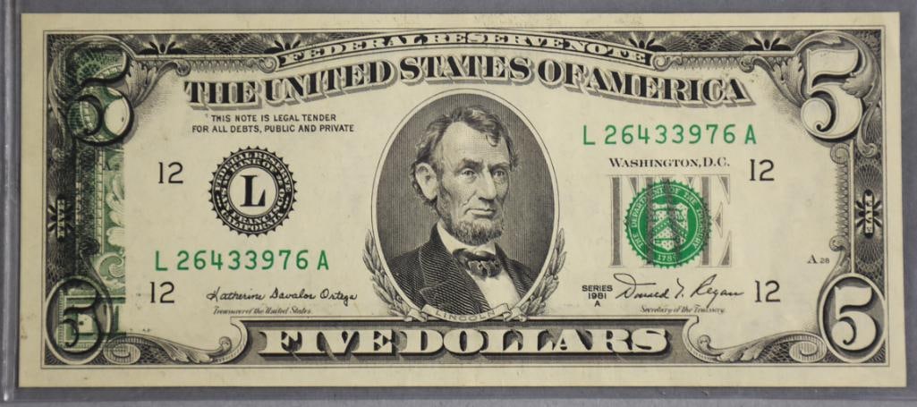 1981 A $5 Five Dollar Offset Printing Error (1 of 2)