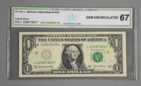 USGC Error 2003-A $1 Federal Reserve Note - Gem Uncirc 67