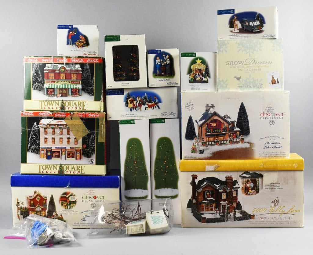 Department 56 PLUS Christmas Village Decorations: Great lot of Christmas village decorations that include Department 56 Christmas Lake Chalet, 2000 Holly Lane, Silver Bells Christmas Shop, Snow Dreams Glitter Church Set and two Twinkle Brite Trees. A