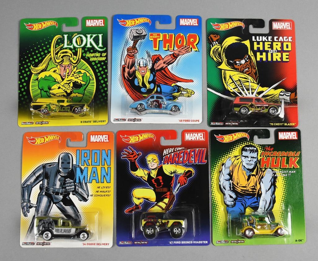 (6) 2014 Mattel Hot Wheels Marvel Movie Die-Cast Asst -MOC-NOS: Lot includes Hot Wheels Marvel Thor, Loki, Incredible Hulk, Iron Man, Daredevil and Luke Cage Hero For Hire. Single owner collection from the largest toy collector on the West Coast.