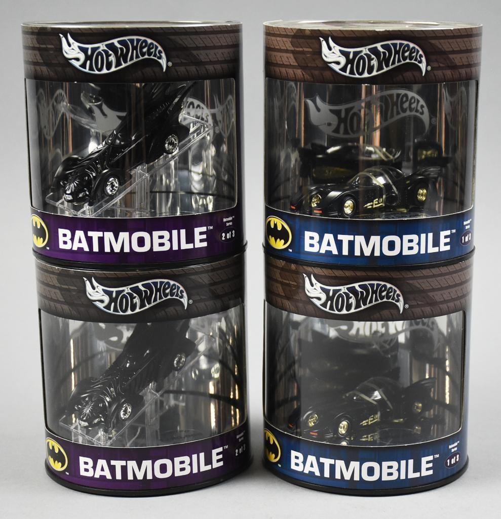 2004 Mattel Hot Wheels Oil Can Bat Mobiles Ltd Ed-MOC-NOS: (4) 2004 Mattel Hot Wheels Oil Can Bat Mobiles. Each Hot Wheel is limited to 1/20,000 pieces. Each car is brand new and has never been opened. Single owner collection from the largest toy collector on
