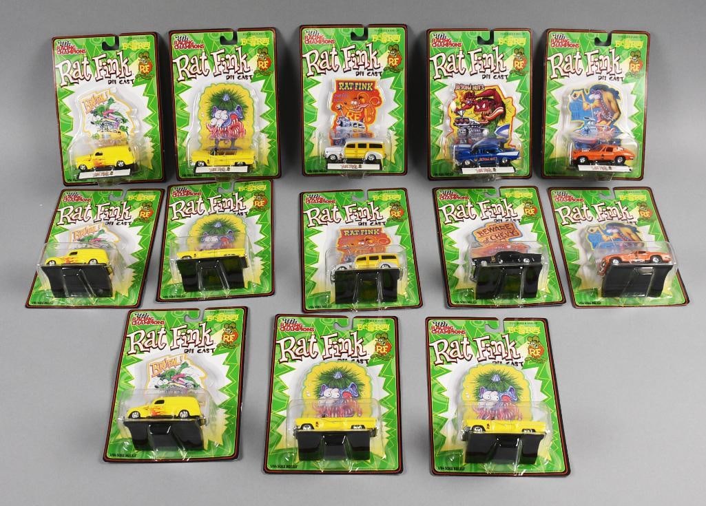 (13) 1989 Rat Fink Racing Champions Cars - MOC-NOS: Includes Beyond Nuts, Chevy Man, Beware of Chevy, Brutal and more. Lot with duplicates. Single owner collection from the largest toy collector on the West Coast.