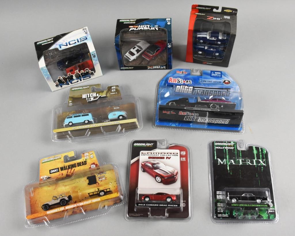 (8) 2000s Greenlight/Maisto Die-Cast Assortment-MIB-NOS: Includes NCIS, Hot Pursuit, Z28, Elite Transport (Maisto), Hitch & Tow, Walking Dead, Camaro and Matrix. Single owner collection from the largest toy collector on the West Coast.