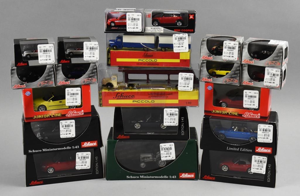 (20) Schuco Die-Cast Assortment-MIB-NOS: Includes Opel, Ferguson, Audi, BMW, Porsche, Mercedes, Mini Cooper, Jaguar, Pontiac and New Beetle. Lot with duplicates and variants. Single owner collection from the largest toy collector on the West