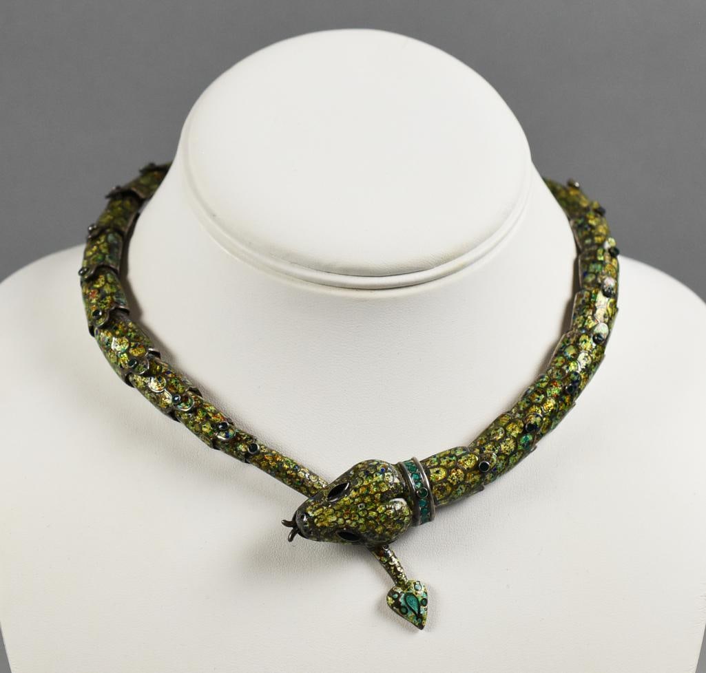Margot De Taxco Sterling & Enamel Serpent Necklace & Earring: This is a fabulous vintage necklace and earring from internationally known Taxco, Mexico jewelry artist?Margot Van Voorhies Carr aka Margot De Taxco (1937-1974). Each enameled link of the necklace is