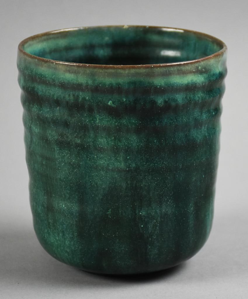 Beatrice Wood (1893-1998) Ringed Vase with Peacock Glaze: Lovely vintage Beatrice Wood vase. Ringed vase with a rich peacock glaze. Hand signed on bottom Beato TX. Stands approx. 4.5" tall.?From the home of a collector, dealer, appraiser, lecturer, member of