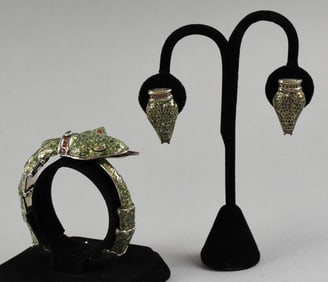 Margot De Taxco Attrib Sterling Enamel Snake Bracelet, Earrings