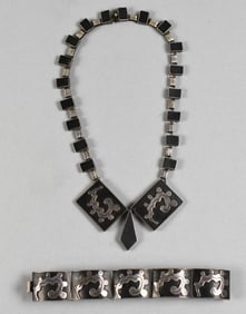 Beto Taxco Sterling Obsidian Necklace & Earring Set