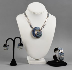 Margot De Taxco Sterling & Enamel Waves Parure