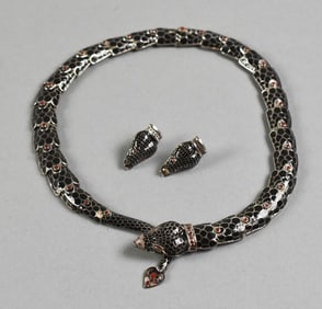 Margot De Taxco Sterling & Enamel Snake Necklace & Earrings