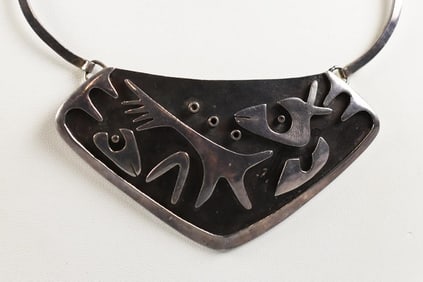 Taxco Mexico Sterling Modernist Abstract Necklace, Signed