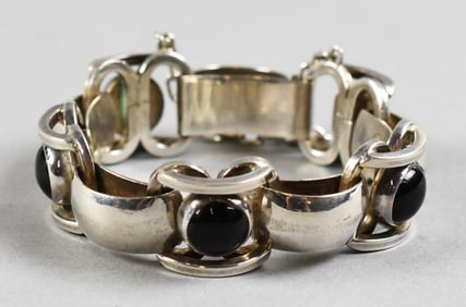 Pat Areias Mexico Sterling Silver and Onyx Bracelet, Signed