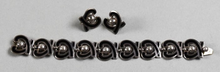 Margot De Taxco Sterling & Black Enamel Bracelet & Earrings