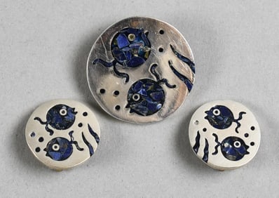 Fortino Moto Taxco Sterling & Lapis Pendant Brooch, Earrings