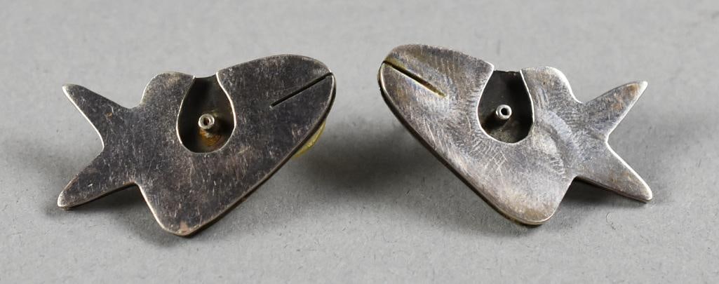 1950's DHS Taxco Sterling Biomorphic Fish Earrings: Super cool 1940's/50's Taxco sterling silver earring in a biomorphic fish design. MATCHING NECKLACE IS LOT 34. Marked on the back "Taxco Mexico DHS Sterling", these are attributed to designers like, D