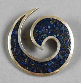 Vintage Taxco, Mexico Sterling Lapis Spiral Brooch