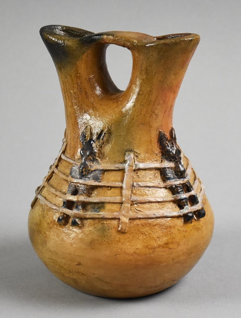 Silas & Bertha Claw Navajo Donkeys Wedding Vase: Here is a wonderful piece of Navajo pottery from Silas and Bertha Claw. Designed by Silas and created by Bertha, this wedding vase with applique donkeys behind a fence. It is hand signed on bottom and