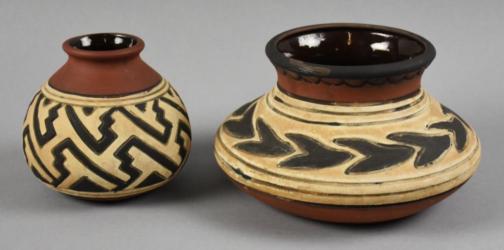 Clifton Attrib Native American Art Pottery Jugs: Beautiful pair of Native American style art pottery jugs attributed to Clifton, founded by William Long. Both jugs with black and white matte on terracotta. Both are approx. 4.5" tall.?From the home o