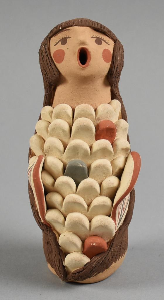 JL Fragua Jemez Storyteller Corn Maiden Clay Figure: Adorable vintage storyteller figure from JL Fragua, Jemez. She is a storyteller figure in the form of a corn maiden. Signed on bottom, stands approx. 7" tall.?From the home of a collector, dealer, app