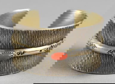 Norbert Peshlakai Sterling Coral Cuff Bracelet Dine