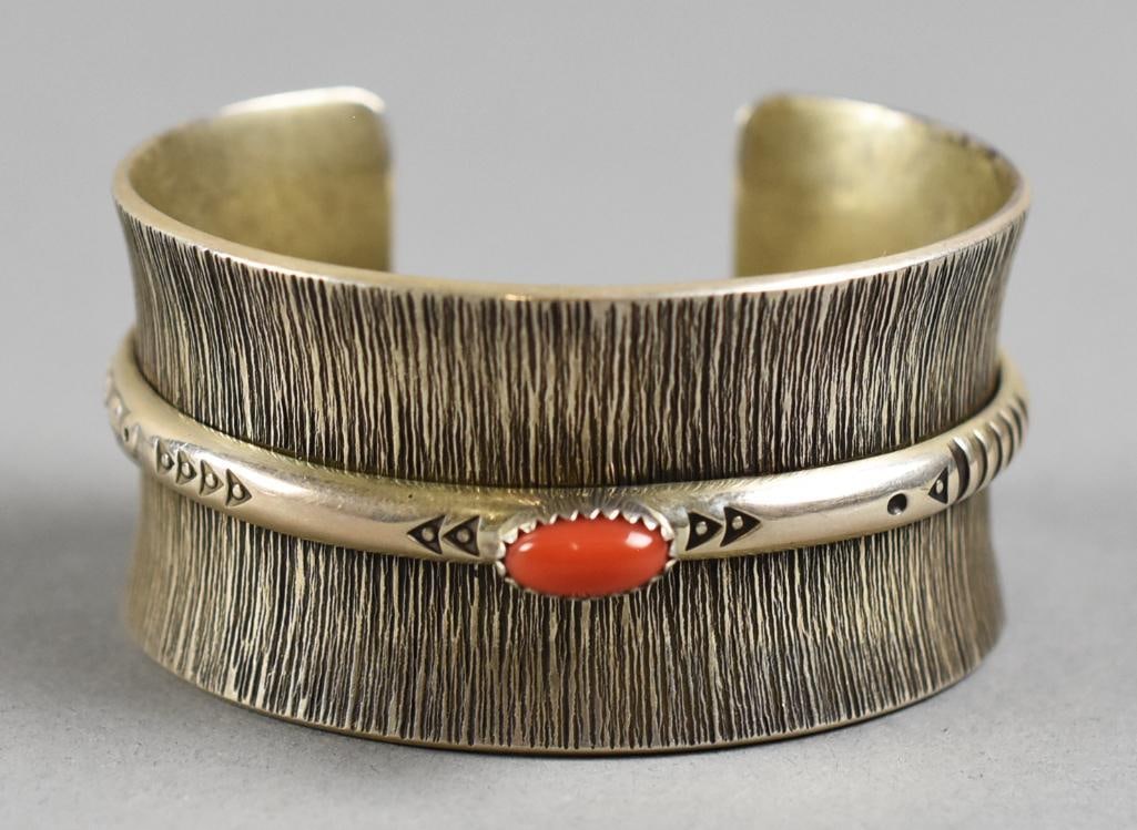 Norbert Peshlakai Sterling Coral Cuff Bracelet Dine (1 of 6)
