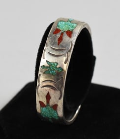 Native American Sterling Turquoise, Coral Water Bird Cuff