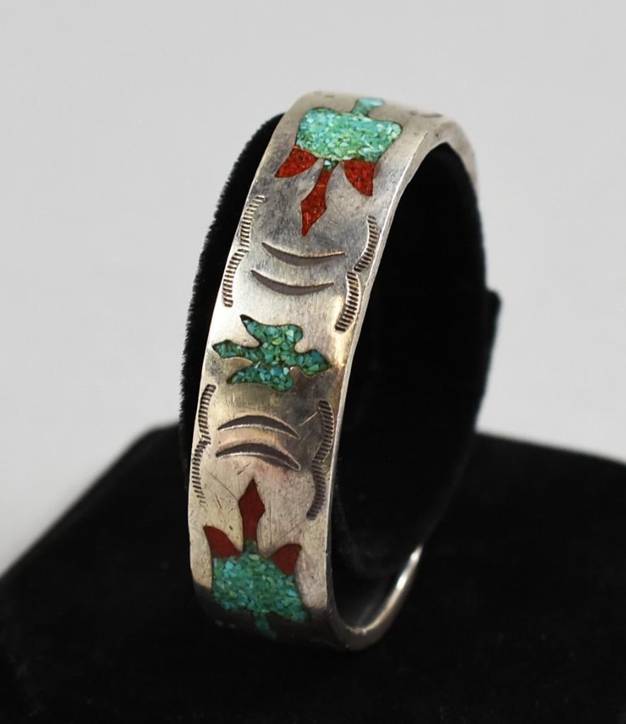 Native American Sterling Turquoise, Coral Water Bird Cuff (1 of 6)