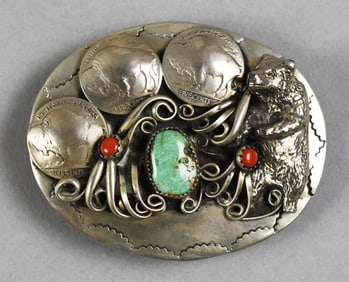 Native American Silver Tone Belt Buckle, Coral & Turquoise