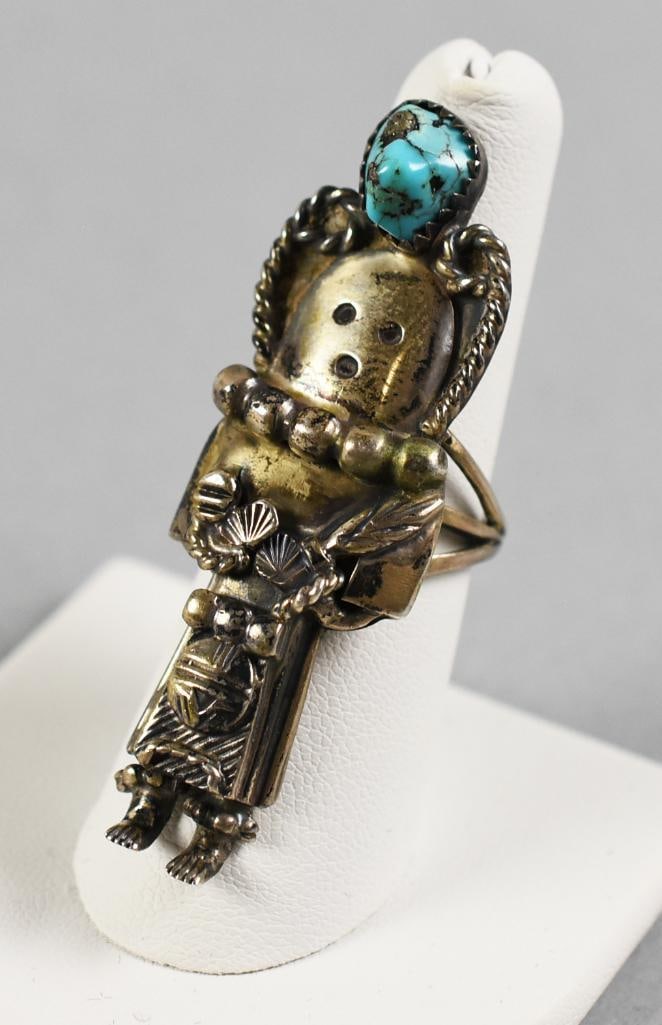 Native American Sterling, Turquoise Kachina Figural Ring, Signed (1 of 6)