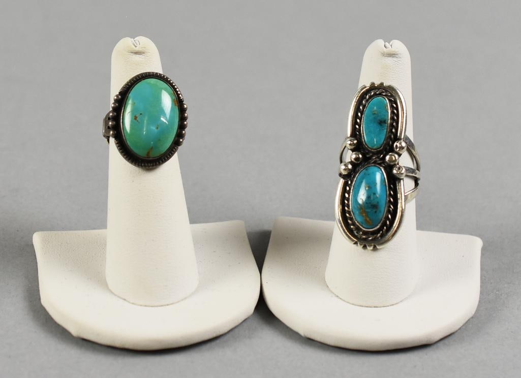 Native American Sterling Turquoise Rings: These two rings are Navajo, Native American. Each is sterling with polished turquoise stones. Rings have no visible marks, test as sterling.?From the home of a collector, dealer, appraiser, lecturer,