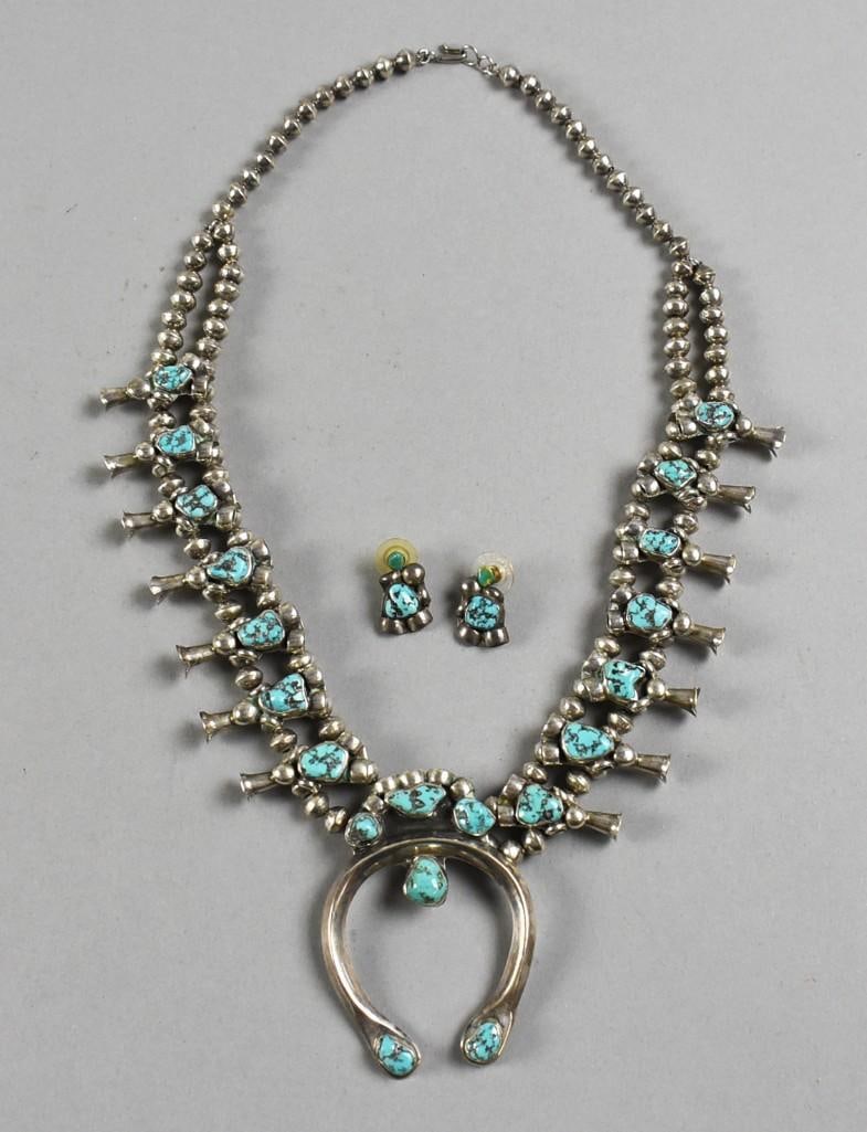 Navajo Squash Blossom, Sterling & Turquoise w/ Earrings (1 of 7)