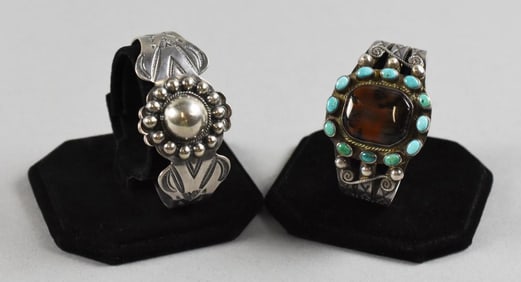 Native American Silver Cuffs, Turquoise, Petrified Wood