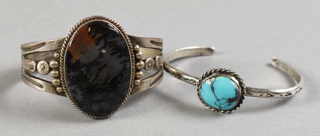 Navajo Sterling Cuff Bracelets, Turquoise, Picture Agate: Stunning pair of vintage sterling cuff bracelets of Native American origin, appear Navajo. Each bracelet has a natural stone, one being turquoise and one appears to be polished picture Agate. No visib