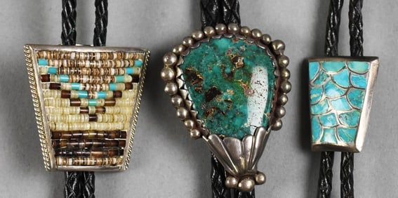 (3) Vintage Navajo Bolo Ties, Natural Stones, Leather