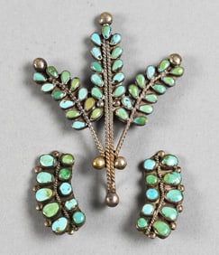 Vintage Native American Sterling Turquoise Brooch & Earrings