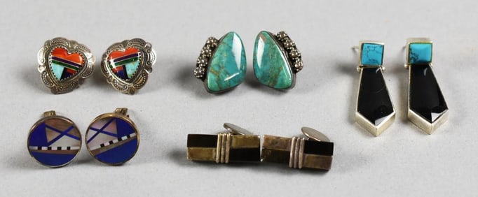 Native American & Mexican Sterling Earrings, Cuff Links