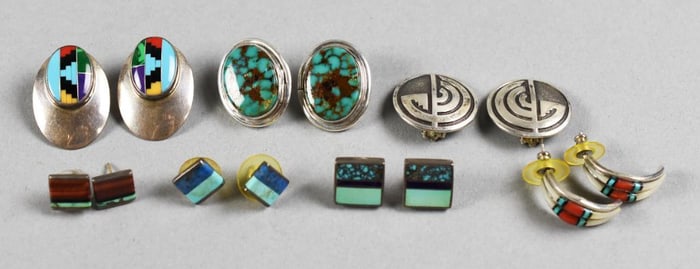 (7) Vintage Native American Sterling & Stone Earrings, Signed