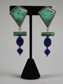 Anthony Kee Navajo Sterling, Turquoise, Lapis Dangle Earrings