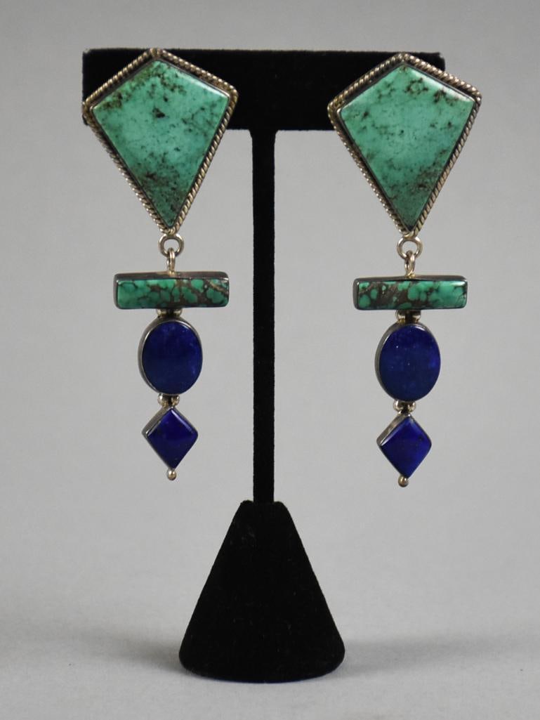 Anthony Kee Navajo Sterling, Turquoise, Lapis Dangle Earrings (1 of 6)