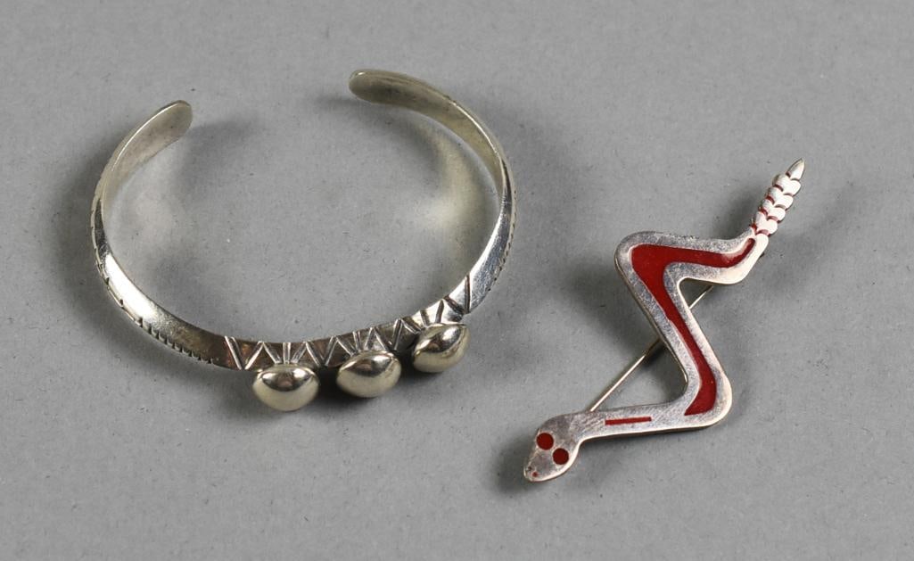 Taxco Mexico Sterling Snake Brooch, Navajo Cuff Bracelet (1 of 8)