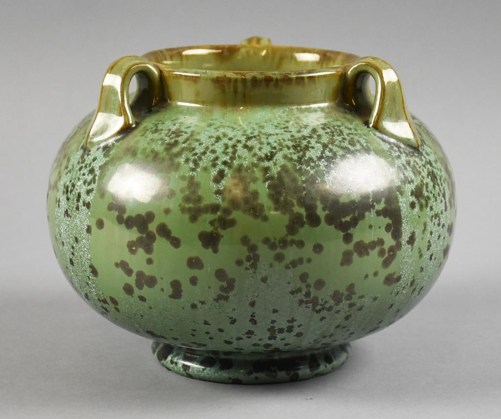 c1920 Fulper Triple Handle Green Crystaline Glaze Vase (1 of 7)