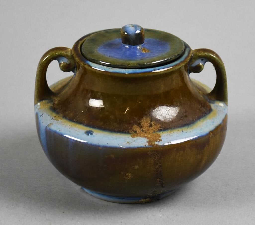 c1910 Fulper Double Handle Blue Green Tobacco Jar 831: This great looking piece appears to be a tobacco jar from Fulper. Lidded jar with double handles with a blue green glaze. Marked with the 1909-1911 mark and number 831. Measures approx. 3.5" x 4".?Fro