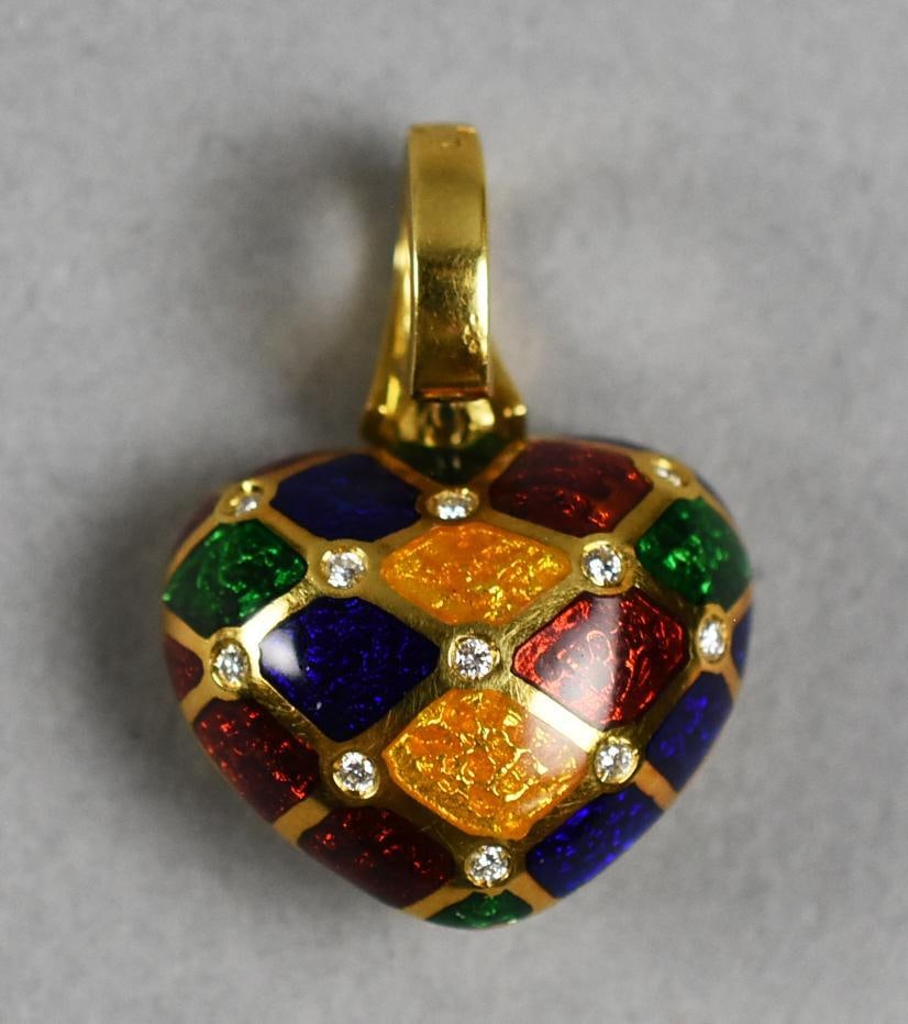 18k Barbero & Ricci Italian Enamel Diamond Puffy Heart Pendant (1 of 6)