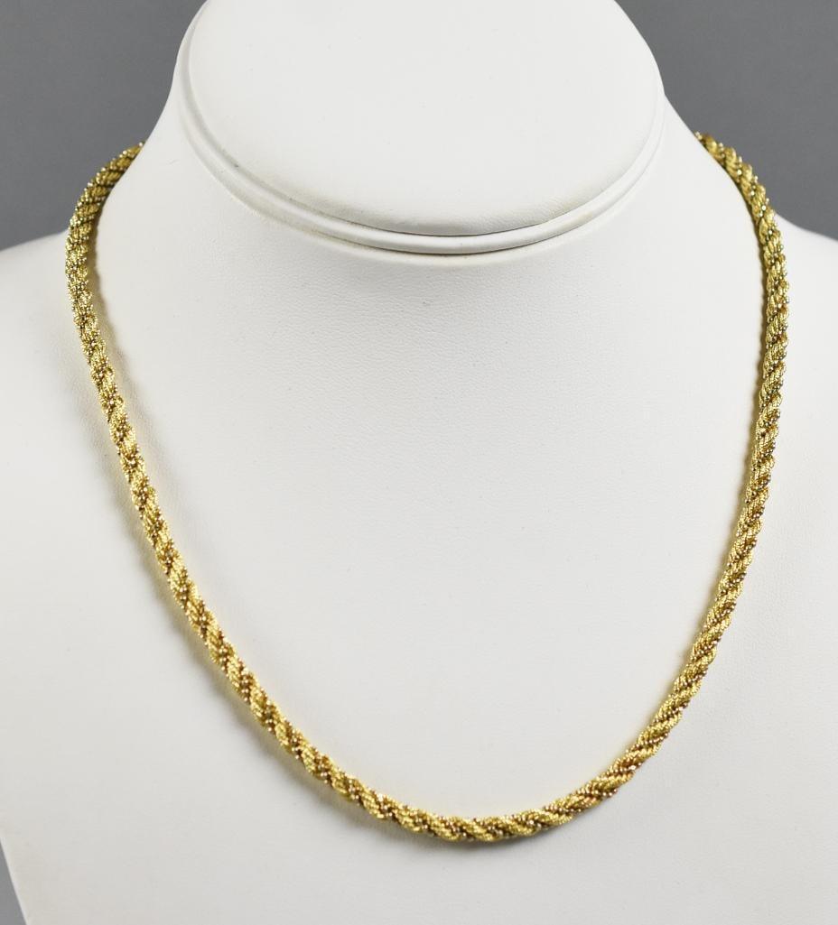 OroAmerica, Inc 14K Yellow Gold Textured Rope Chain Necklace: Great looking 14K yellow gold necklace from OroAmerica, Inc. Chain is a textured rope style that appears to be wrapped with a bead chain. It is marked on the end cap OR in a heart and 14K. Measures ap