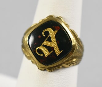 14K Yellow Gold Men's Signet Ring w/ Bloodstone
