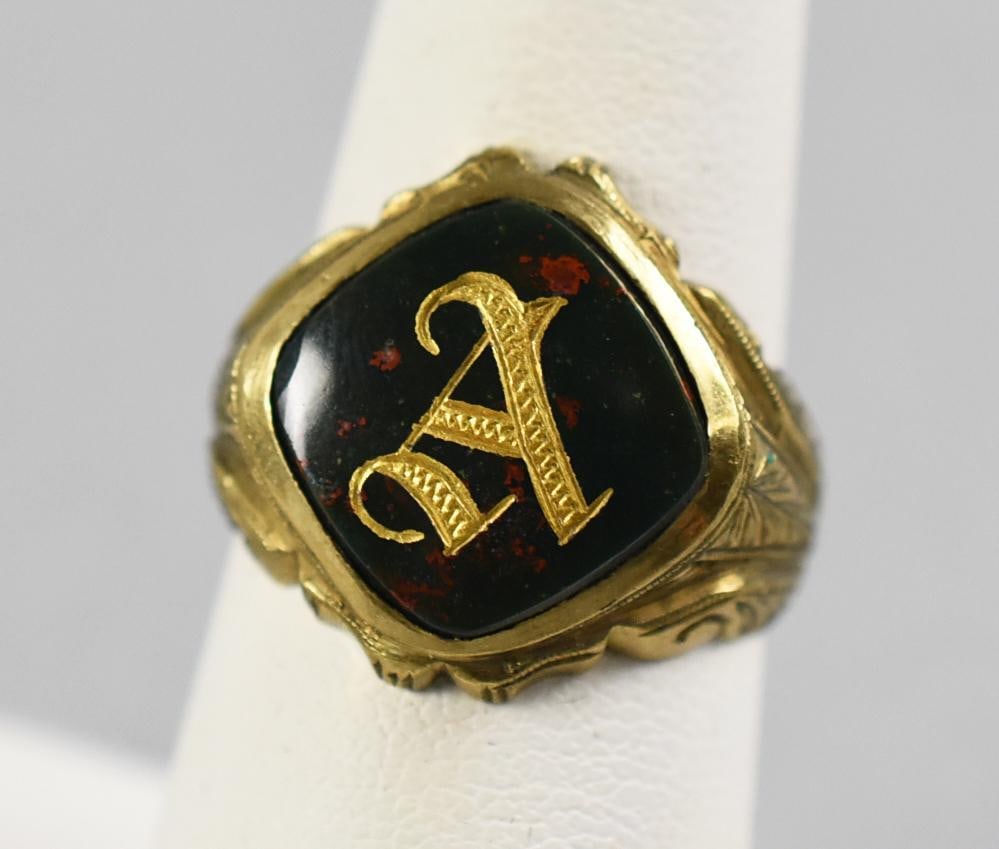 14K Yellow Gold Men's Signet Ring w/ Bloodstone (1 of 7)