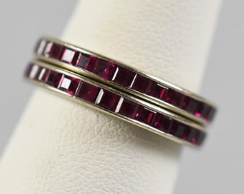 14K White Gold and Ruby Red Spinel Bands, Rings, Pair