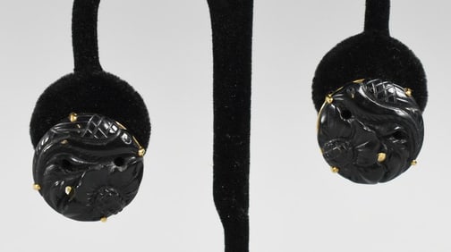 Asian 14K Yellow Gold & Carved Onyx Pierced Earrings