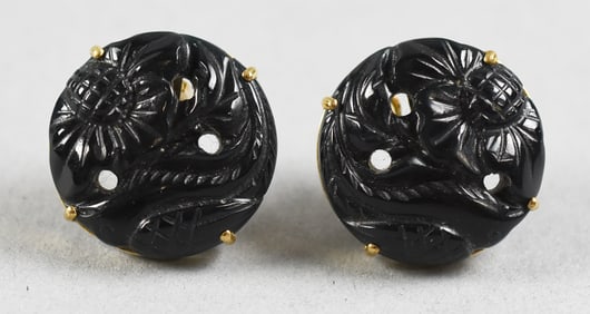 Asian 14K Yellow Gold & Carved Onyx Pierced Earrings