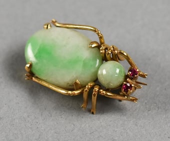 14K Yellow Gold Jade & Ruby Beetle Brooch